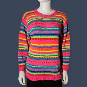 Vtg MARIE Y 1980s Colorful Rainbow Striped Loose Knit Sweater